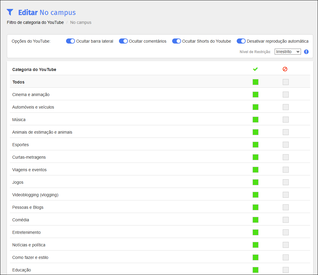 Tela de edição do filtro de categoria do YouTube - Parte Um