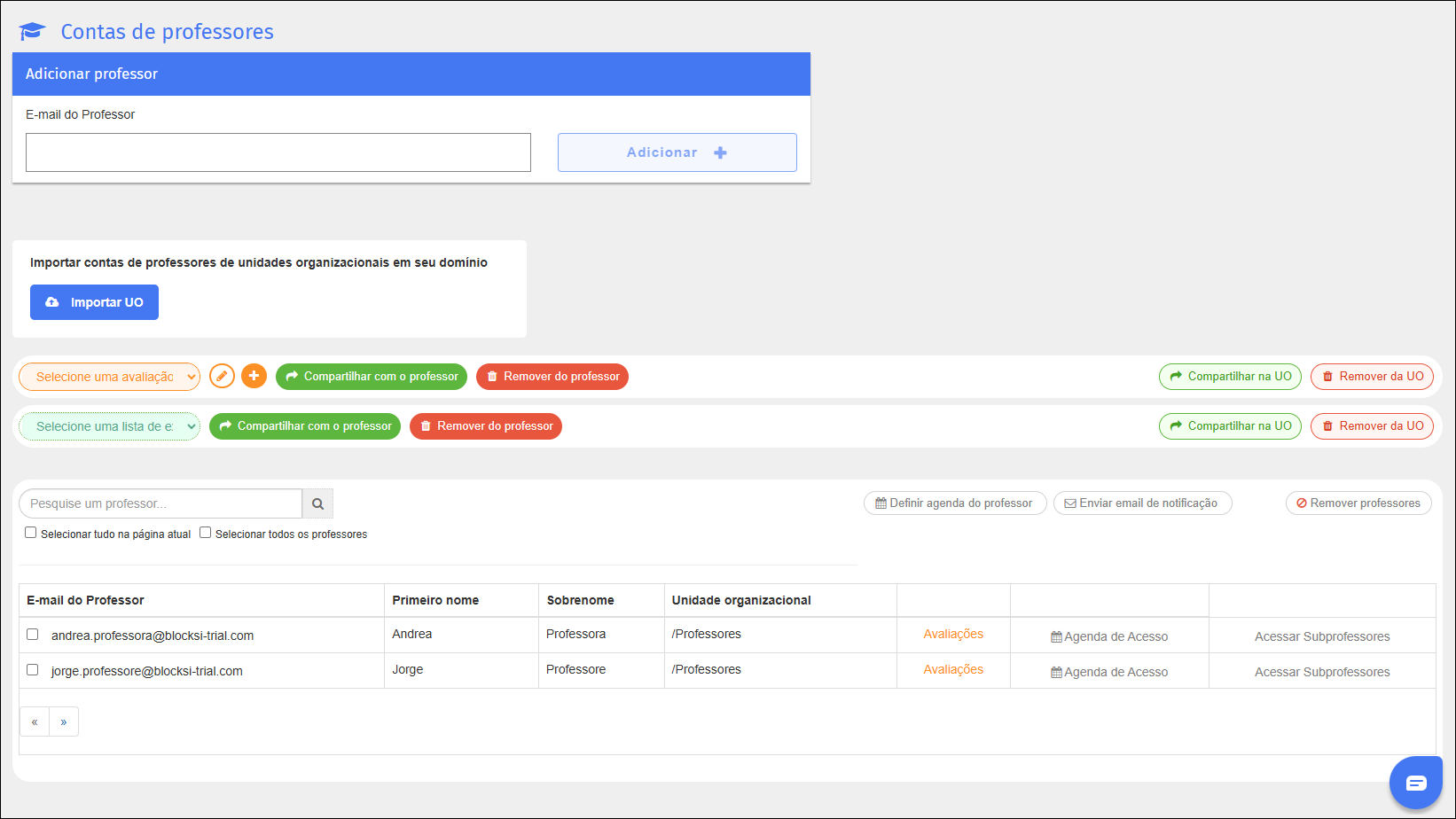 Tela de configurações da conta do professor