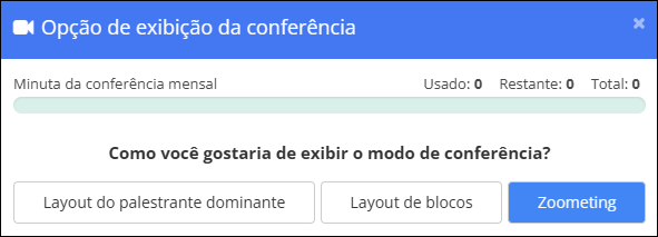 Janela de opção de exibição de conferência - Opção de zoom