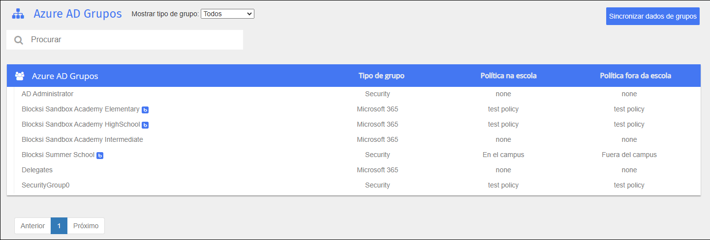 Tela de grupos do Azure AD