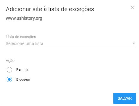 Adicionar site à janela da lista de exceções