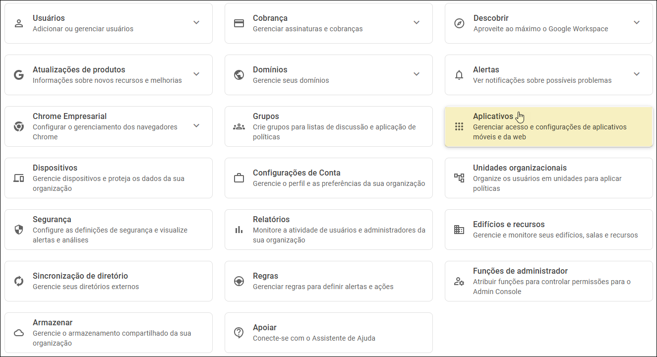 Console de administração do Google - Selecionar aplicativos