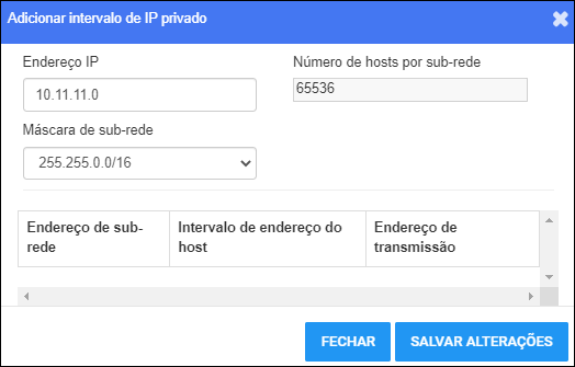 Adicionar janela de intervalo de IP privado