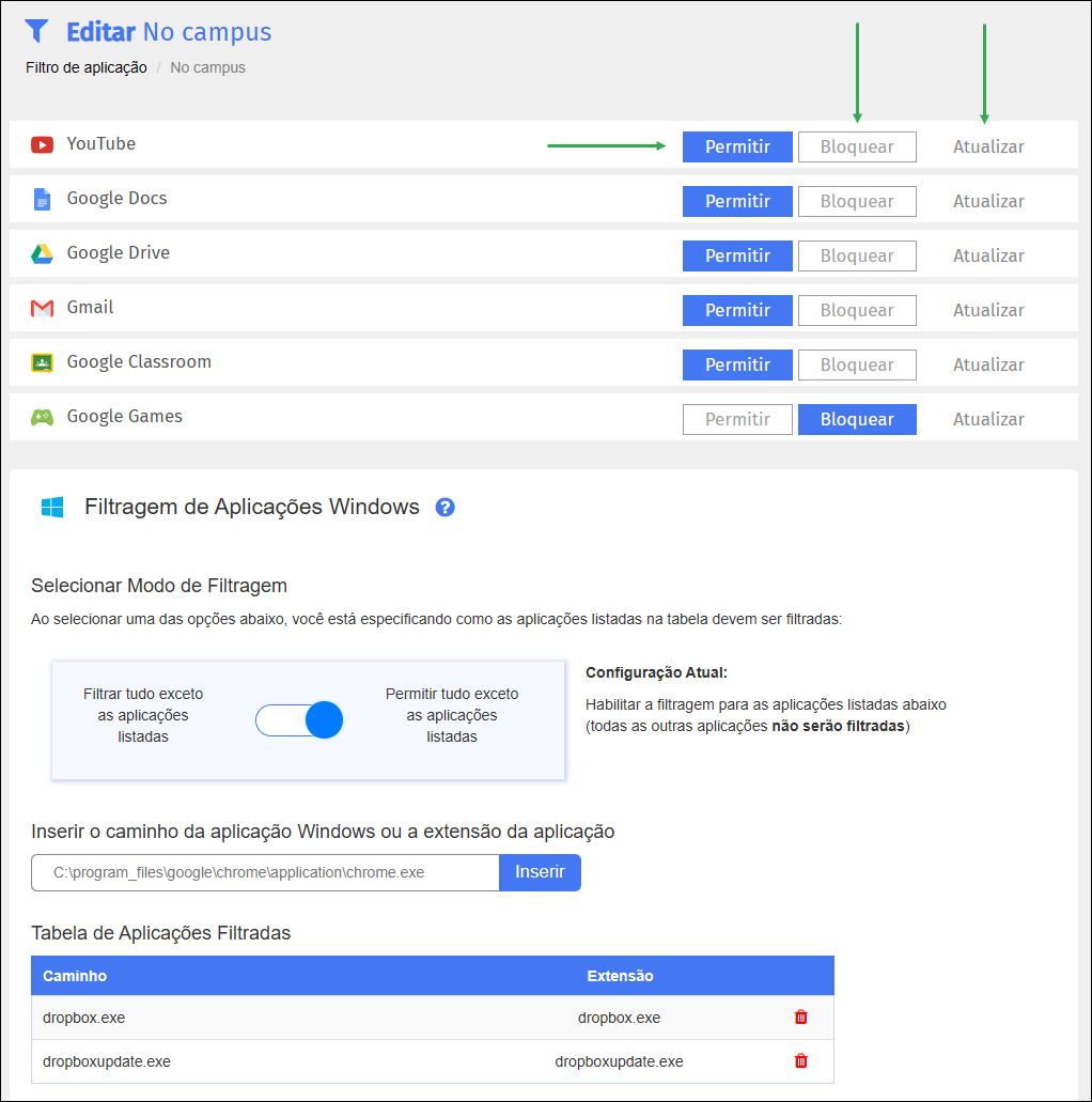 Tela de edição do filtro de aplicativo - botões Permitir, Bloquear, Atualizar