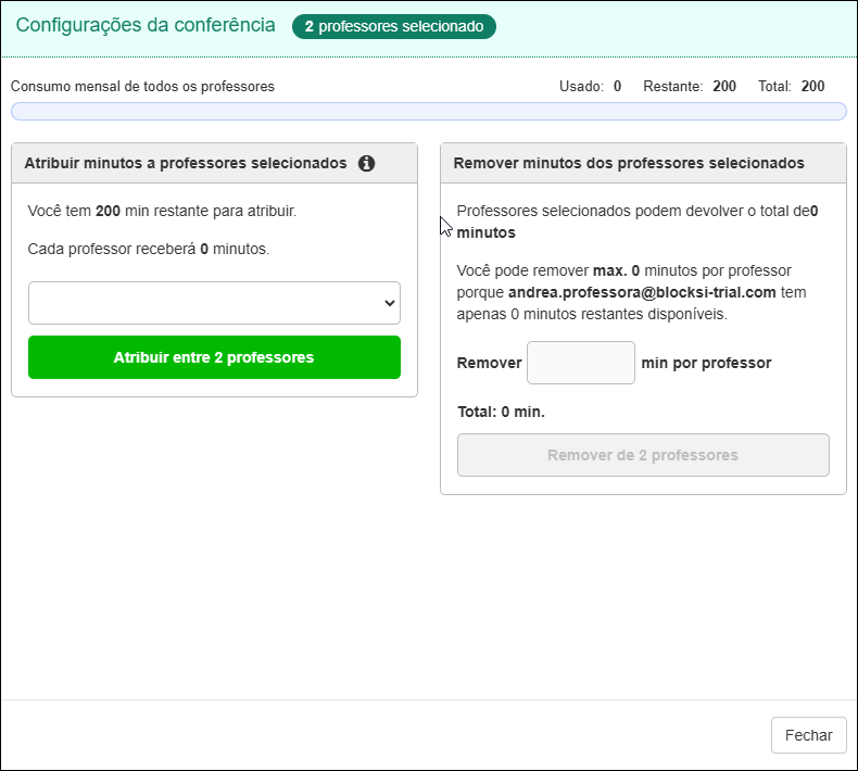 Configurações de conferência de professores - Adicionar/remover minutos da janela de vários professores