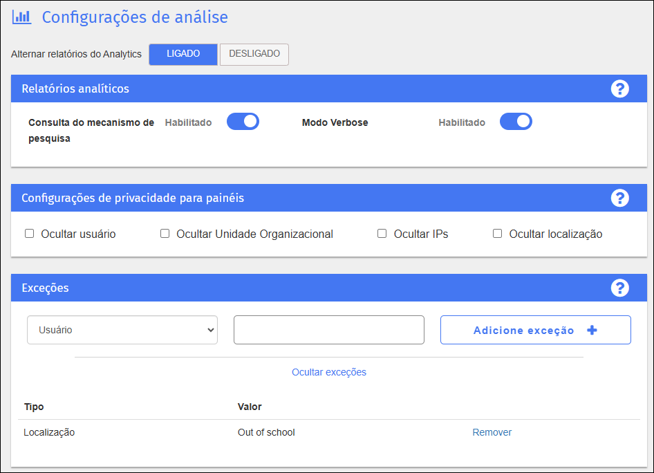 Tela de configurações do Analytics