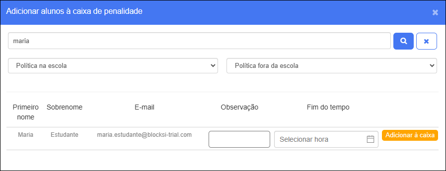 Adicionar alunos à janela da caixa de penalidades - Selecionar políticas