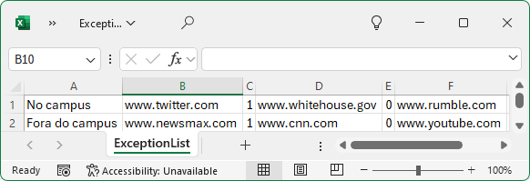 Arquivo de exemplo de importação/exportação da lista de exceções