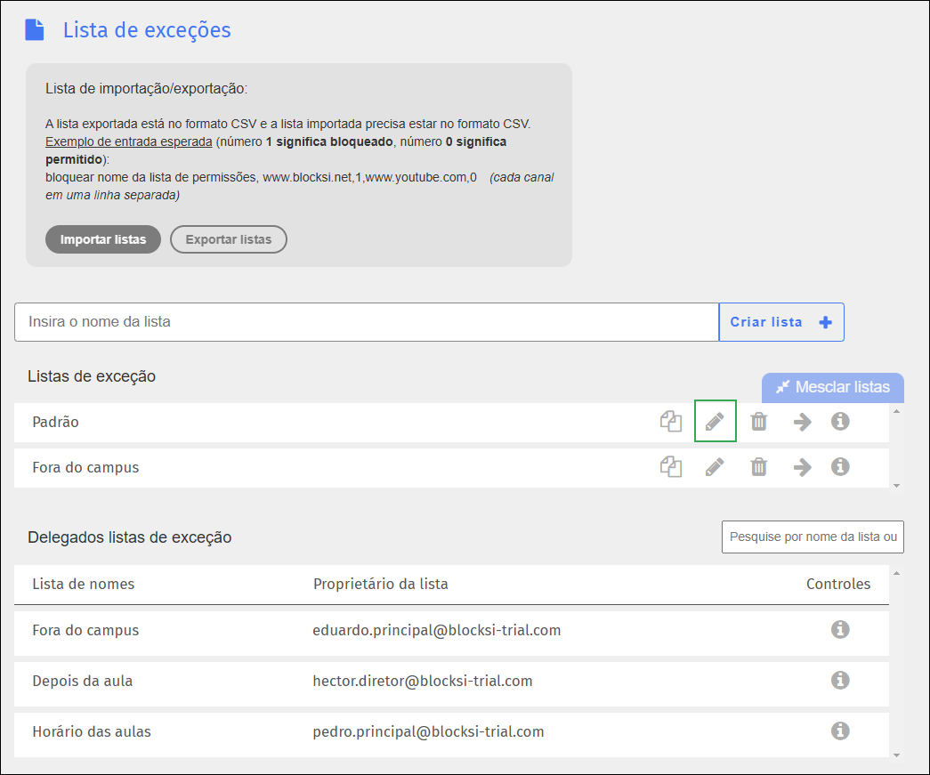 Tela de lista de exceções - Ícone de edição