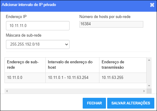 Adicionar janela de intervalo de IP privado - com dados