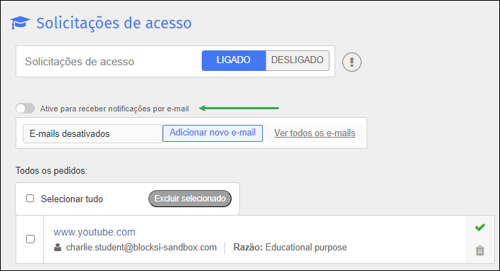 Tela de Solicitações de Acesso - Definir Notificação por E-mail